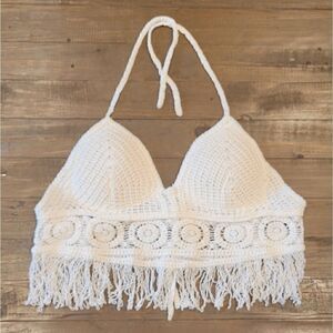 NWOT White Padded Crochet Bohemian Bralette Tassle Fringe Halter Crop Top OS